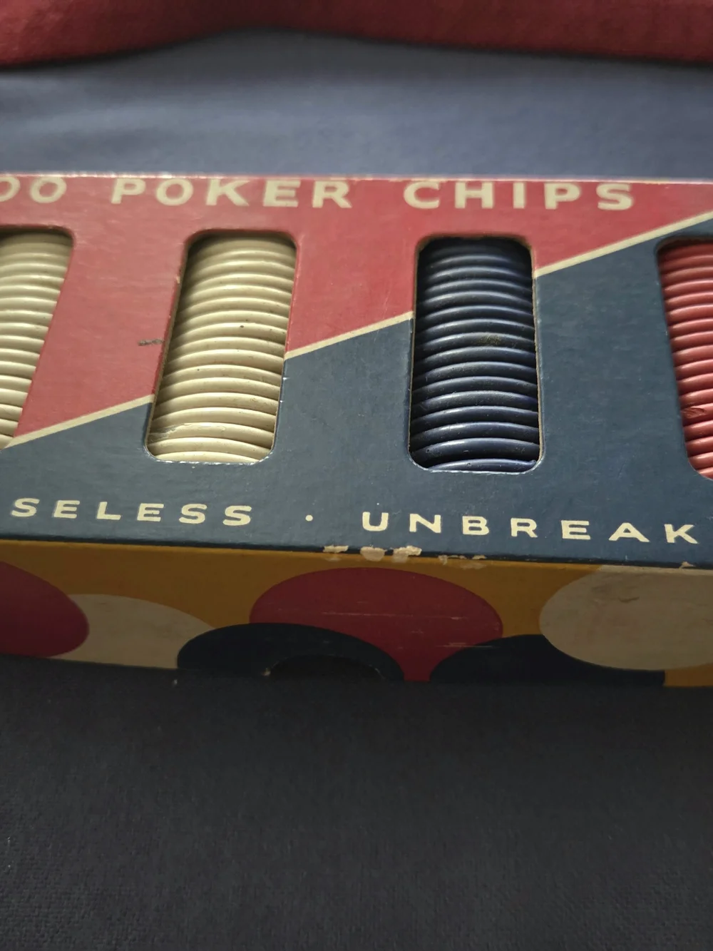 Vintage Dennison's No. 42 Poker Chips Set 100 + 3 Count Original Box, Red, Blue